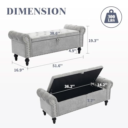 51" Storage Ottoman Bench, End of Bed Bench for Bedroom, Window Benches for Foot of Bed, Chenille Upholstered Benches, Storage Ottomans for Living Room, Entryway, Light Gray - color: Lightgray