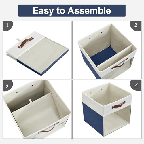 Bagnizer Storage Cubes, 4 Pack Linen Foldable Storage Bins (13 x 13 inch) with Clear Window and Handles, Fabric Organizer for Shelf Closet, Clothes, Books - (Navy Blue and White) - color: Navy Blue / Off-White, size: 13 x 13 x 13