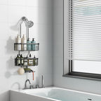 CICUFY Shower Caddy Hanging, Rustproof Bathroom Shower Organizer Hanging, No Drilling Over the Shower Head Caddy with Hooks for Razor, Shower Shampoo Holder with Soap Basket, Black