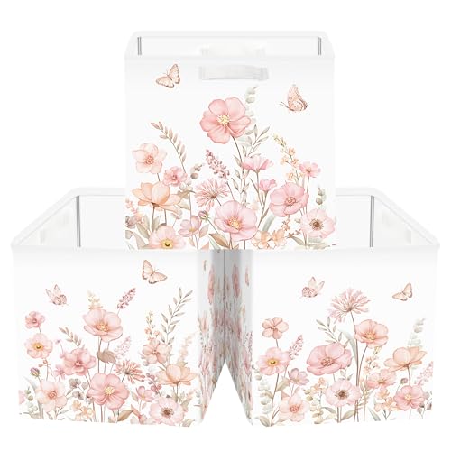 Clastyle 3 pcs 11.8'' Spring Summer Flower Storage Basket for Shelves with Metal Frame Large Butterfly Girl Clothes Toy Book Cube Bin for Bedroom Playroom,Pink - color: Watercolour