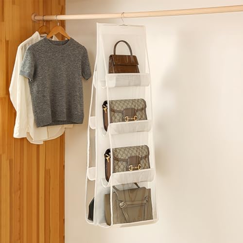 HAN SHENG 8 Pockets Clear Handbag & Purse Organizer Hanging Bag Storage - Space Saving Hanging Shelf for Closet, Wardrobe, Over Door (2 Pack, White) - color: White, size: 8 Pockets-2pcs