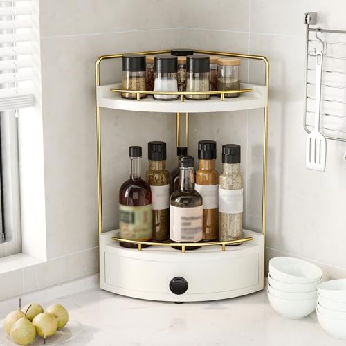 2-Tier Corner Bathroom Counter Organizer with Drawer & Embedded Screw Holes - Wooden Countertop Organizers for Skincare, Makeup Storage, Bathroom Sink Counter Shelf for Vanity, Kitchen, White Gold - color: White Gold