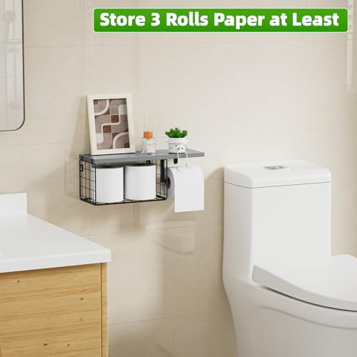VITVITI Toilet Paper Holder with Shelf, Wall Mounted Toilet Paper Storage Basket, Wood Metal Toilet Roll and Wipes Holder for Bathroom Farmhouse (Gray) - color: Gray