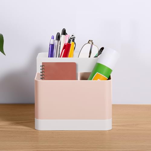 Poeland Desktop Storage Organizer Pencil Card Holder Box, Holders for Desk Accessories, Container for Desk, Office Supplies, Vanity Table - color: White+Pink