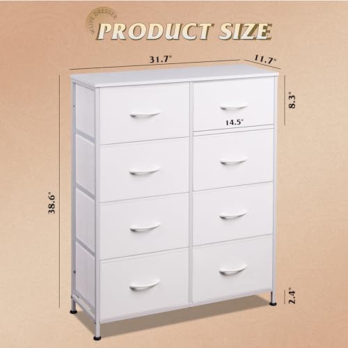 WLIVE Fabric Dresser for Bedroom, Tall Dresser with 8 Drawers, Storage Tower with Fabric Bins, Double Dressers, Chest of Drawers for Closet, Playroom, Dormitory, White - color: White, style: General