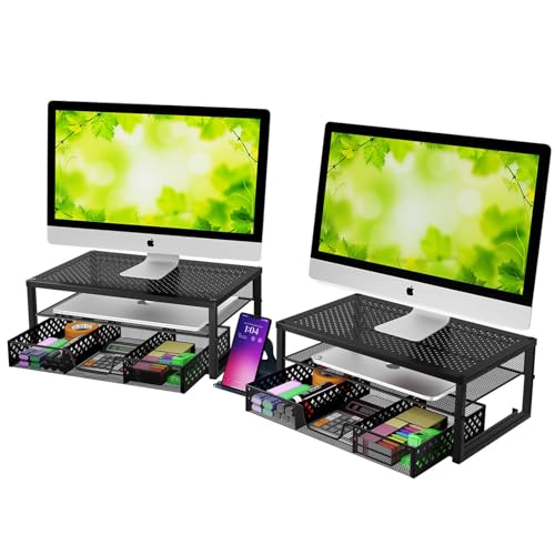 Simple Trending 2 Pack 2 Tier Metal Monitor Riser Stand and Computer Desk Organizer with Drawer, Black - color: 2 Pack Black
