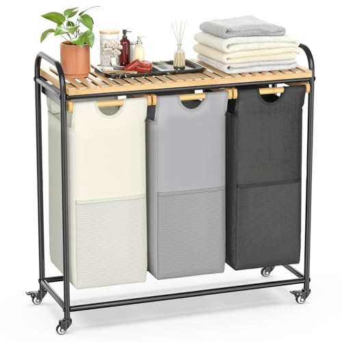 BambooHomie Laundry Hampers 3 Section, Laundry Sorter with Removable Shelf and Pull-Out Bags, Rolling Cart Clothes Hampers Basket with Wheels for Laundry Room Bathroom, 3 x 45 L (Black Beige Gray) - color: Black & Beige & Gray, size: 3 x 45 L