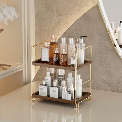 FSyueyun 2-Tier Bathroom Countertop Organizer,Bathroom Organizers and Storage with Tool-Less Installation, Premium Plastics for Makeup, Perfume, Skincare on Dresser Vanity Tray (Gold & Brown) - color: Gold & Brown
