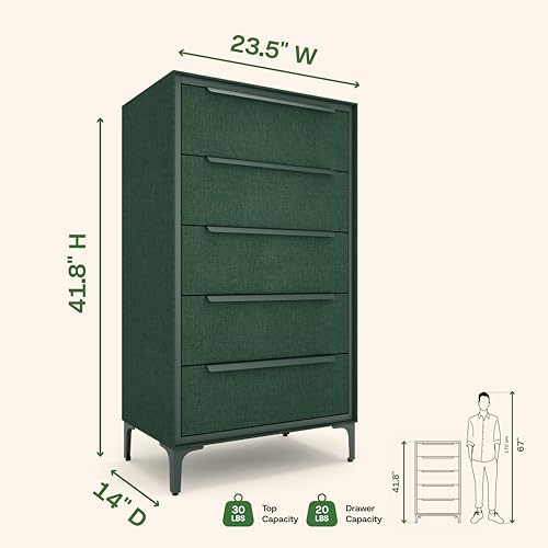tinge Naima Premium Fabric Dresser - Strong Metal Frame, 5 Spacious Sag-Proof Drawers with Sleek Metal Handles - Premium & Durable Storage Solution for Your Home (Green) - color: Green, size: 14"D x 23.5"W x 41.8"H (5 Drawers)