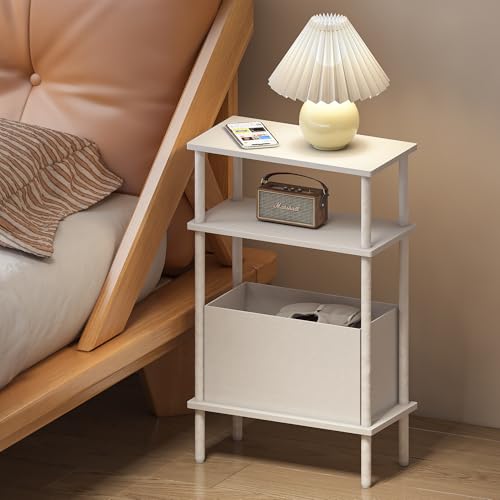 Narrow Side Table with Fabric Basket, End Table for Small Spaces, Slim Nightstand with 3-Tier Storage Shelf, Sofa Beside Table, for Living Room, Bed Room, Natrual White - color: Natrual White