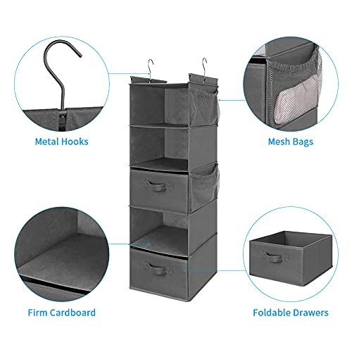 MAX Houser 5 Tier Shelf Hanging Closet Organizer, Cloth Hanging Shelf with 2 Sturdy Hooks for Storage, Foldable (Grey-D2) - color: Grey-d2