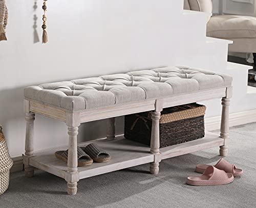 chairus Shoe Rack Bench Storage Vintage Bedroom Padded Bench Seat End of Bed, Fabric Tufted Farmhouse French Entryway Bench with Wood Legs for Hallway Foyer, Beige - color: Beige, size: 45.5 Inches Seat