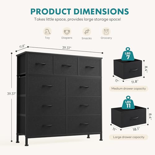OLIXIS 9 Drawer Storage Dresser with Wood Top - Wide Fabric Chest Organizer for Bedroom, Closet, Living Room,Tower Cabinet, TV Stand, Hallway Entryway Furniture,Carbon Black - color: Black, size: 11.8"D x 39.6"W x 39.4"H (9 Drawers)