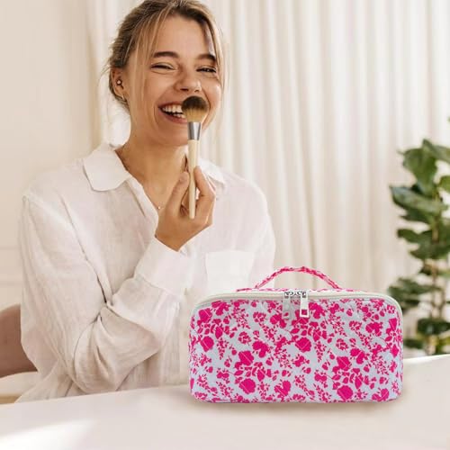 Rose Red Large Quilted Floral Makeup Bag Cute Coquette Aesthetic Cosmetic Bag Open Flat Travel Toiletry Make up Bag for Women - color: C-lay flat rose red