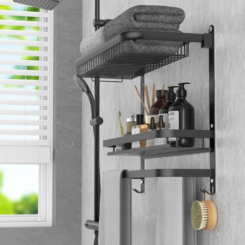 CAXIMSY Foldable 23.22 Inch Rowel Rack Wall Mounted with Bathroom Shower Shelves Stainless Steel Towel Bar Without Drilling and Screw Installation (Black) - color: Black