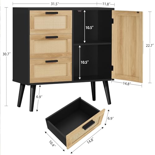Iwell Storage Cabinet with Rattan Door & 3 Drawers, Rattan Cabinet with Adjustable Shelf, Sideboard Buffet Cabinets with Storage, Entryway Cabinets, for Living Room, Dining Room, Entryway, Black - color: Natural + Black, 3 Drawers