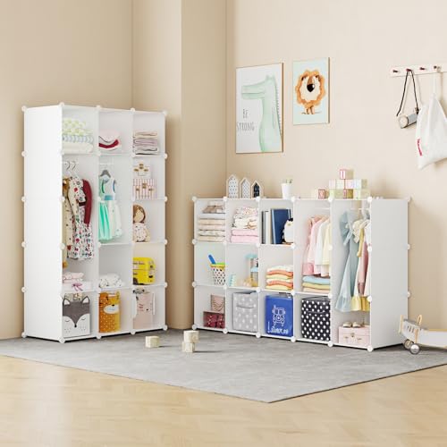 Modular Baby Wardrobe Closet, Portable Children Organizers and Storage for Nursery,15 Cubes with Hanging Rods,Multi-Functional Kids Storage Shelf-Bedroom Clothes Armoire (Boys & Girls)