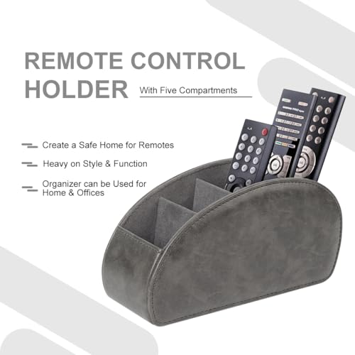 TV Remote Control Holder with 5 Compartments,Pu Leather Remote Caddy/Tray Bedside Table Desk Storage Organizer for DVD, Blu-Ray, Media Player, Heater Controllers andMakeup storage box (Grey) - color: Grey