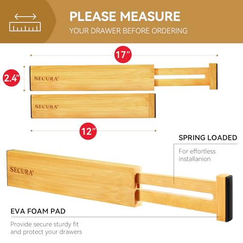 Secura Bamboo Drawer Dividers Organizer 4-Pack, Adjustable Drawer Separators Expandable from 12.0-17.1 inches for Kitchen, Office, Bathroom, Closet, Dresser