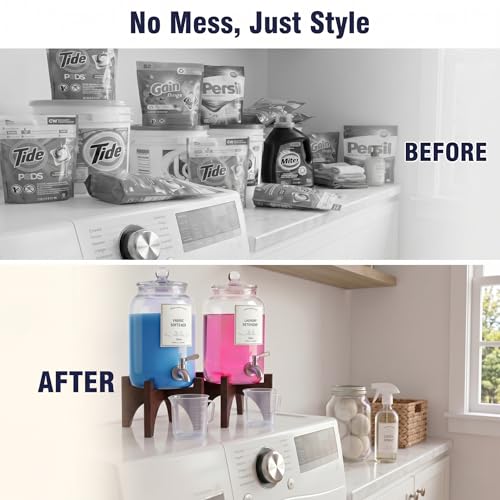 Glass Laundry Detergent Dispenser, 108oz (2 Pack) with Stainless Steel Faucet & Solid Wood Stand - Liquid Soap & Fabric Softener Container for Laundry Room Organization & Storage
