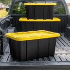 Sterilite 38 Gal Industrial Tote, Stackable Storage Bin with Snap-Fit Lid for Garage, Basement & Attic Storage, Black Base and Yellow Lily Lid, 4-Pack - size: 38 Gallon