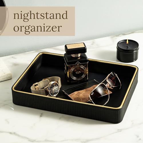Leather Catchall Valet Tray for Men| Mens Valet Catch All Trays| Bedside Organizer for Nightstand| Cologne Tray for Men| Desk Trays Leather Tray Organizer (Black) - color: Black 1 Pack, size: 8" x 11" x 1.8"