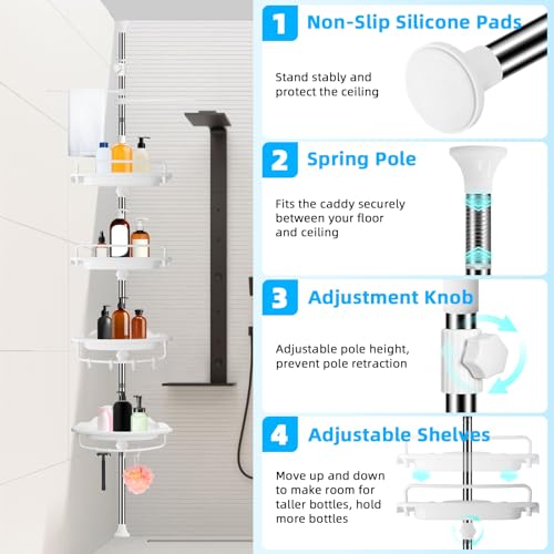 XLHOMO 32-122inch Corner Shower Caddy Tension Pole White, Rustproof Drill-Free Shower Shelves for Bathroom Bathtub Washbasin, Adjustable Shower Organizer with 4 Tier Patent Stable Shelves & Towel Bars - color: White