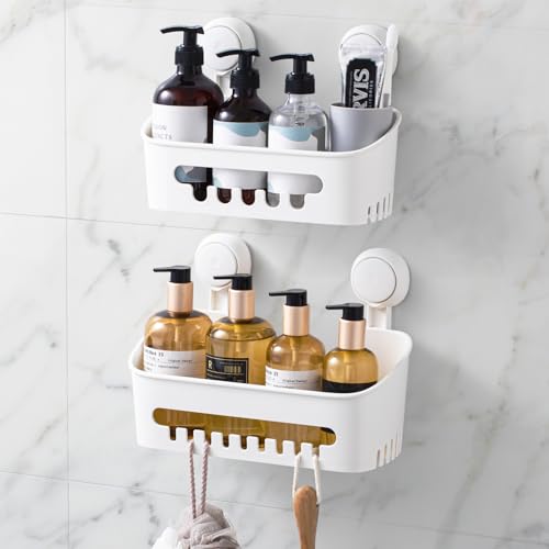 LEVERLOC Shower Caddy Suction Cup, Shower Organizer Removable Bathroom Shelf, Storage Suction Powerful Max Hold 22lbs Bathroom Caddy Waterproof Holder, Blue - color: white, size: 1 x (Medium+Large)