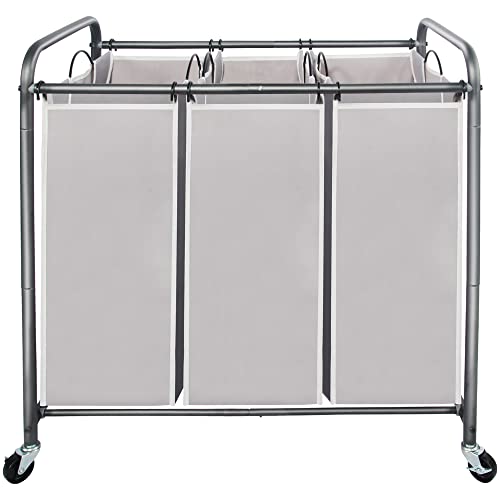STO STO Laundry Sorter 3 Section, 3 Bag Clothes Hamper, Rolling Laundry Cart Basket with Heavy Duty Lockable Wheels and Removable Bag for Laundry Room, Bedroom, Closet, Gray - color: Gray, size: 3-Section
