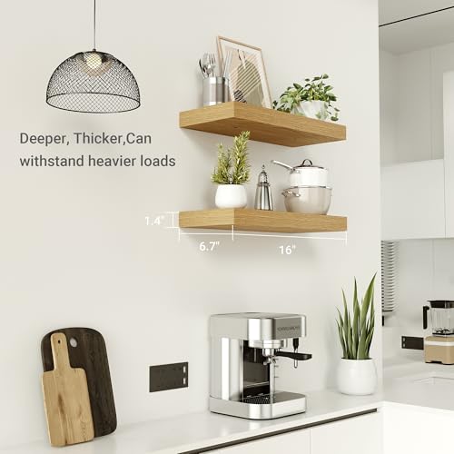 Vivelove Floating Shelves for Wall Mounted, 16 inchs Shelf for Small Bathroom, Bedroom, Living Room, Kitchen, Modern Home Decor, Rustic Farmhouse Wall Shelves with Invisible Brackets - Set of 2, Oak - color: Oak, size: 16”Wx6.7”Dx1.4”H