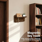 Key Holder Wall Mount, Solid Wood Key Holder for Wall with 4 Brass Hooks & Hidden Magnets, 15° Incline Hooks & Grooved Design to Prevent Slipping, Vintage Brown Key Hanger