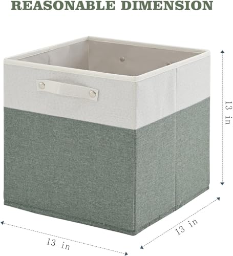 FinishingBo 13 x 13 Inch Fine Linen Storage Bins with Handles，Fabric Cube Boxs，Basket Organizers for Shelves for Home, Closet Drawers (White/Green-6 Pack) - color: White/Green-6 Pack