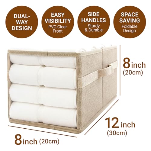3-Pack Clear Front Storage Bins – Foldable Cube Organizers with PVC Window & Polyester Linen, Handles for Closet Shelves Nursery Toy Storage – 8×12×8 Inch (20×30×20 cm), Brown
