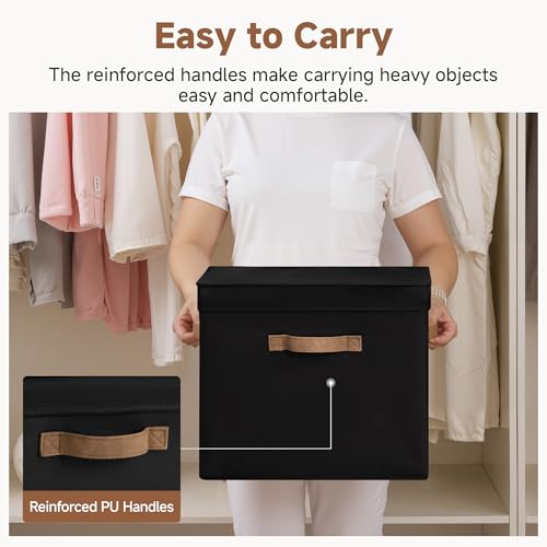 StorageWorks Fabric Storage Bins with Lid, Decorative Storage Boxes for Shelves, Stackable Closet Organizer Basket with Handles, Large, Black, 2-Pack - color: Black, size: 15"L x 11¼"W x 12½"H