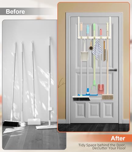 Broom Holder Over The Door Drilling Free Mop and Broom Holder with 4 Over Door Hook, Metal Mop and broom hanger Wall Mount Broom Storage Tool Organizer for Laundry Room Garage Bathroom - light beige - color: light beige