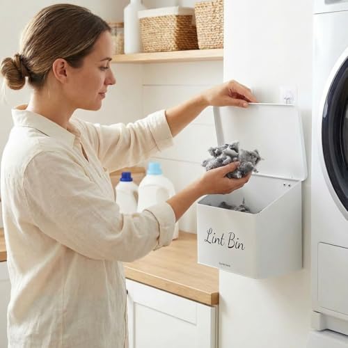 Metal Magnetic Lint Bin With Lid For Laundry Room Decor With Small Lint Holder Bin| Metal Box| Lint Holder Bins for Organzation (White, Small) - color: White