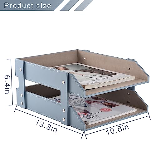 Leather Desk Letter Tray,Office Supplies Paper Organizer for Mail Paper Files Magazines Jewelry Cosmetics,Fashion Letter Holder& 2-Tier Multipurpos Stackable Office Desktop Storage Box,Grey - color: Gray