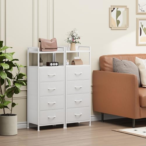 Somdot White Nightstand with 4 Drawers, Vertical Storage Tower Fabric Dresser for Bedroom, Bedside Table Furniture, Sturdy Steel Frame, Wooden Top & Easy Pull Fabric Bins - color: White Leather, size: 11.4"D x 15.2"W x 36.3"H (4 Drawers)