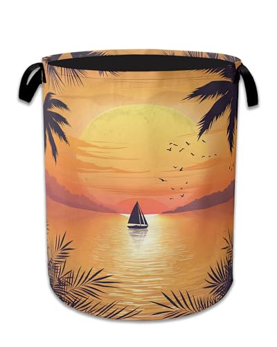Tropical Palm Laundry Basket,Sunset Sea Beach Laundry Hamper, Collapsible Clothes Toy Storage Bin for Bathroom Bedroom Room Decor 16" X 20.8" - color: Tropical Palm