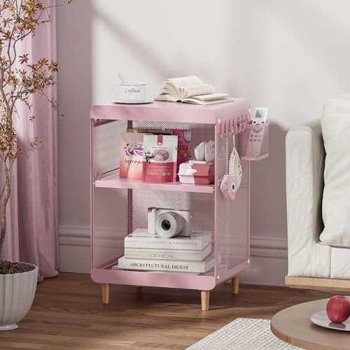 SYKIARIOL Kids Nightstand with Storage & Hooks, Cute Pink Bedside Table for Girls, Small Toddler Night Stand for Bedroom - color: Classic Pink