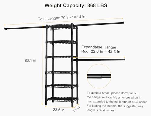 Ulif M5 Wall Mounted Clothes Garment Rack, Heavy Duty Closet Storage and Organizer System with 6 Shelves and 3 Expandable Hanger Rods, Space Saver Suit (46.2-102.4)" W x 14" D x 83.1" H, Black - color: Black, size: M5