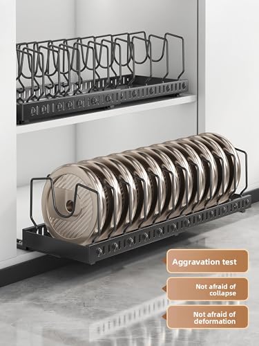 pots and pans organizer under cabinet,pot lid organizers inside cabinet holders for kitchen,Horizontal and vertical pulling modes,cast iron storage (Black Vertical pull-out) - size: Black Vertical pull-out