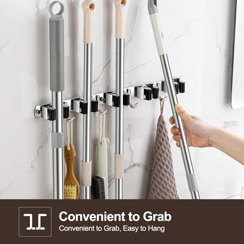 Broom Holder Wall Mount, Stainless Steel Broom Hanger Wall Mount, Heavy Duty Mop and Broom Holder Tool Racks Utility Hooks for Laundry Room Garden Garage, Grey (4 Racks and 5 Hooks) - color: Gray, size: 1Pack 4R5H