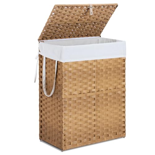 90L Laundry Hamper with Lid, Hand-Woven Pp Rattan Laundry Basket with Compartments & Handles, Removable Liner Bags,Foldable, Narrow Dirty Clothes Basket, Yellow - color: 90L-Yellow