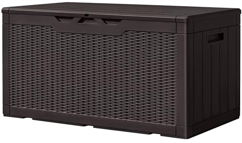 Greesum 100 Gallon Resin Deck Box Large Outdoor Storage, Imitation Rattan Weave Texture for Patio Furniture, Garden Tools, Pool Supplies, Weatherproof and UV Resistant, Lockable, Dark Brown - color: Dark Brown, size: 100 Gallon