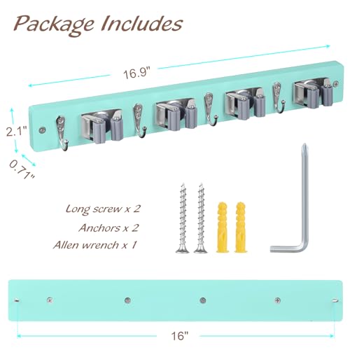 OUTNILI Turquoise Mop Broom Holder Wall Mount with 4 Slots & 4 Hooks - Wood Broom Mop Hanger for Pantry Closet Laundry Room Organization - for Teal Kitchen Decor and Accessories - color: Turquoise-4 Grips, size: 1 Pack