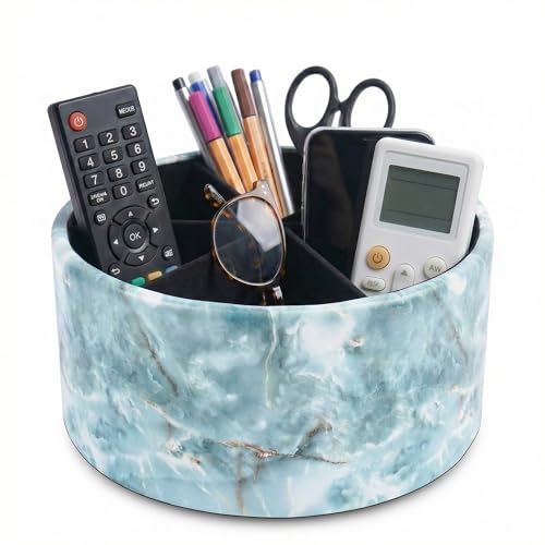Remote Control Holder, 360°Spinning PU Leather Desk TV Remote Caddy,Desk Storage Box Room Accessories for Controller, Media,Mail,Calculator, Mobile Phone,Pencil(1-Big Marble Green) - color: 1-Big Marble Green