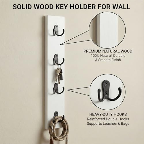 Vertical Key Holder for Wall & Dog Leash Holder – Solid Wood Wall Mount Key Rack with 8 Hooks – Small Space Saving Entryway Organizer for Keys, Lanyards, Masks (Adhesive or Screws) (White) - color: A-White