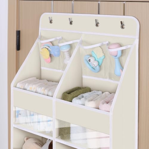 Univivi 5-Shelf Fabric Baby Door Storage Over Door Hanging Organizer with 8 Deep Pockets and 4 Small PVC Pockets Wall Mount Hanging Storage Organizers for Baby Essential (Beige) - color: Beige (Upgraded), size: 5 LAYER