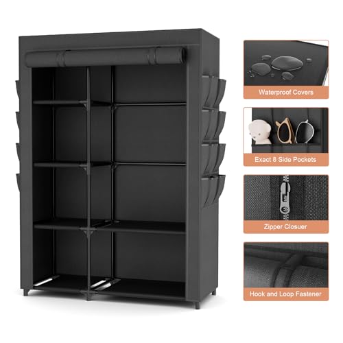 Portable Closets for Hanging Clothes, Wardrobe Closet with Hanging Rod and Clothing Storage Shelves, 8 Side Pockets, Free Standing Clothes Rack with Cover, for Bedroom and Dorm, Black - color: Black, size: 2 Row - 41.7' Wide